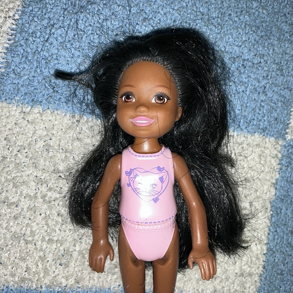 Barbie Club Chelsea Doll -‎ AA Chelsea Doll in Pink Cat Swimsuit Black Hair